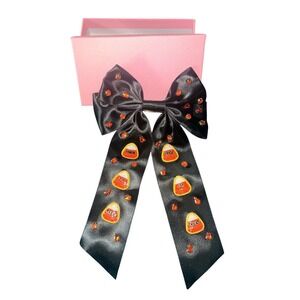 Halloween Candy Corn Rhinestone Black Satin Hair Bow Barrette Accessory